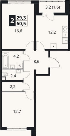 Планировка: 2-к, 58,9 м²