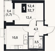 Планировка: 1-к, 31 м²
