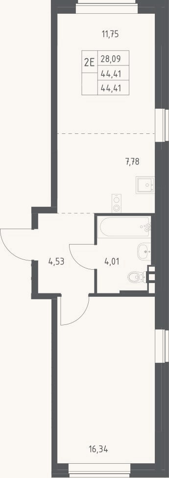 Планировка: 2-к, 44,4 м²