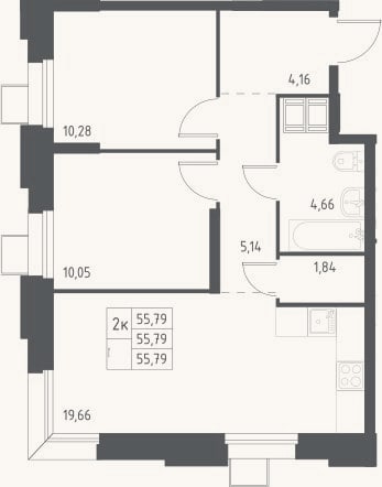 Планировка: 3-к, 55,8 м²