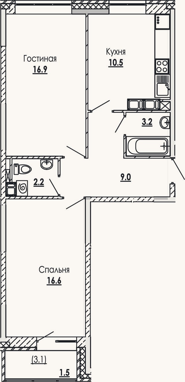 Планировка: 2-к, 58,4 м²