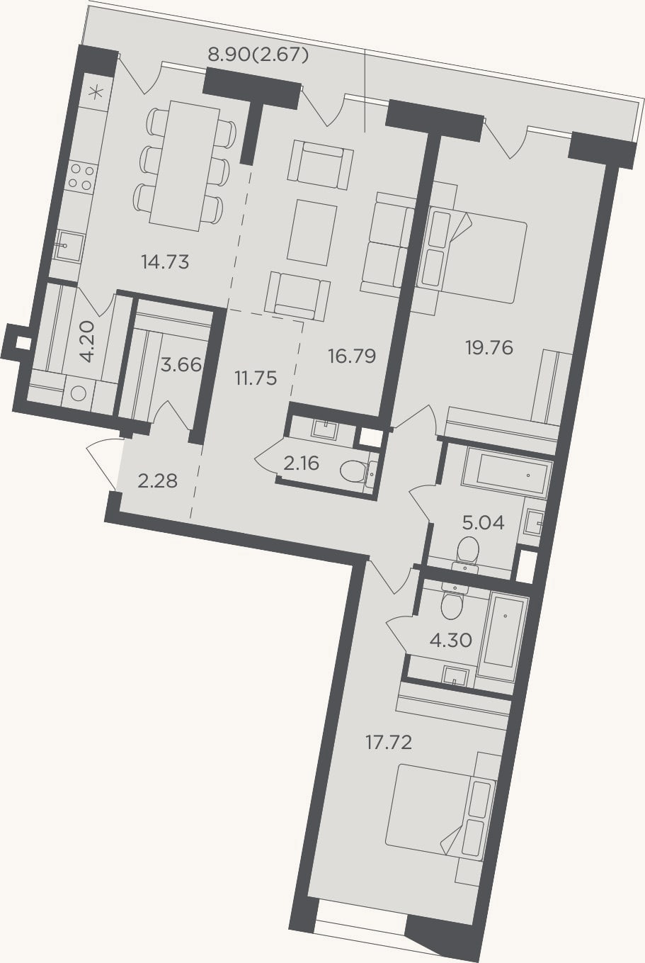Планировка: 3-к, 103,9 м²