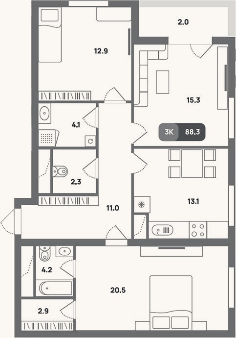 Планировка: 3-к, 86,3 м²