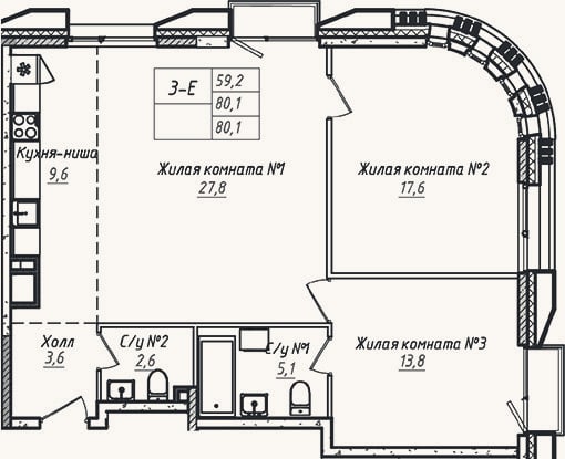 Планировка: 3-к, 80,1 м²