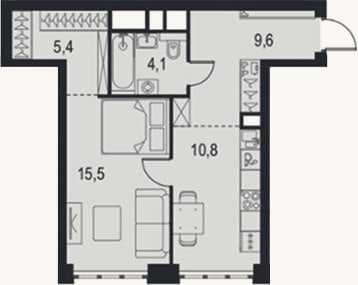 Планировка: 1-к, 45,4 м²