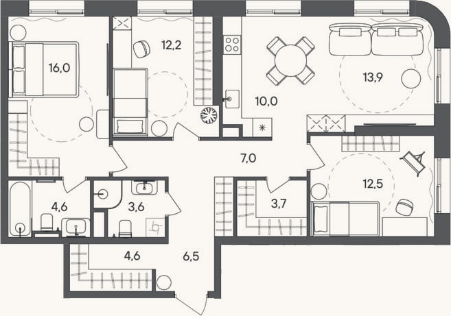 Планировка: 4+ к, 94,6 м²