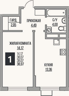 Планировка: 1-к, 38,1 м²