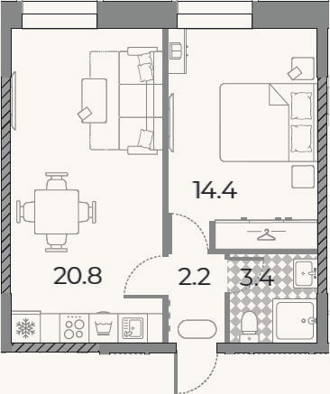 Планировка: 2-к, 40,8 м²
