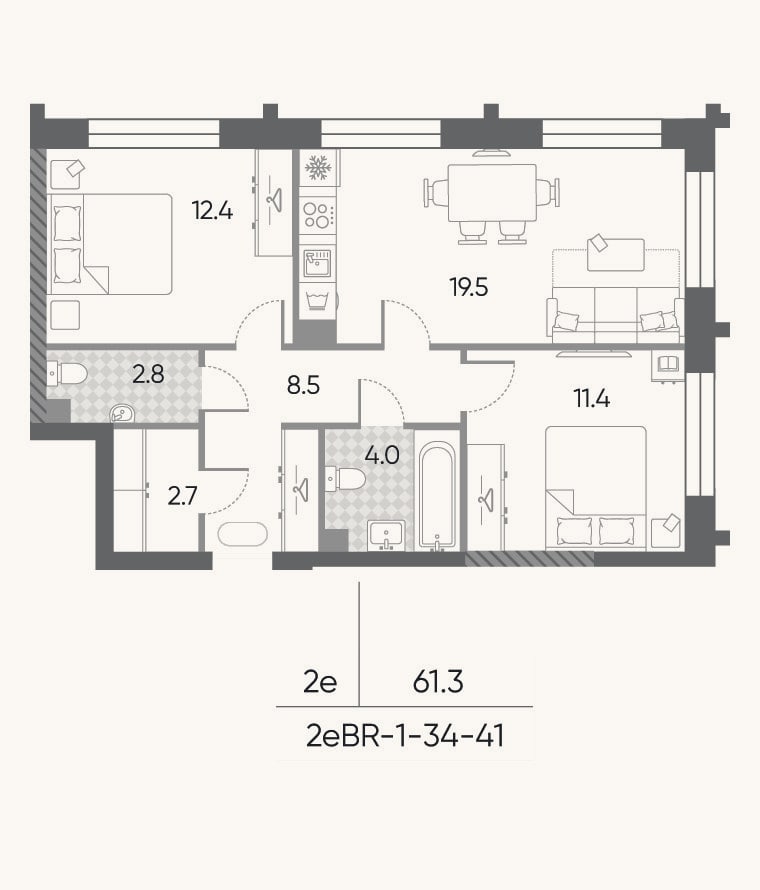 Планировка: 3-к, 61,3 м²