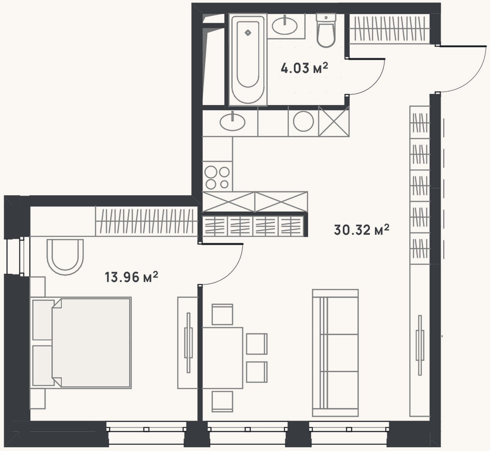 Планировка: 2-к, 48,3 м²