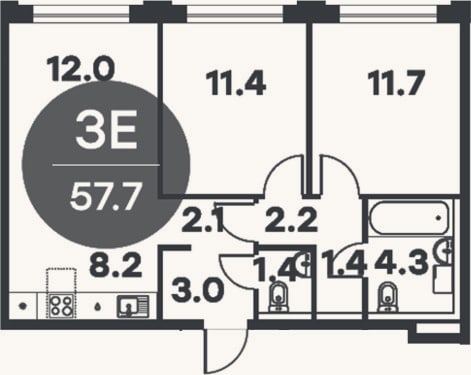 Планировка: 3-к, 57,7 м²