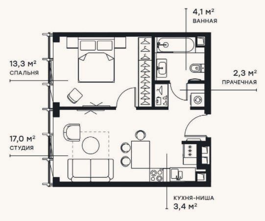 Планировка: 2-к, 40,1 м²