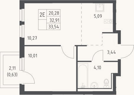 Планировка: 2-к, 32,9 м²