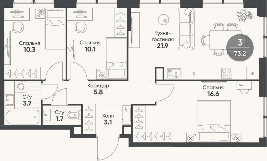 Планировка: 4+ к, 73,2 м²