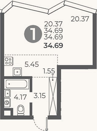 Планировка: Студия, 34,7 м²