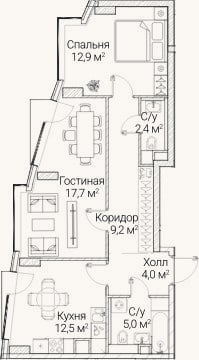 Планировка: 2-к, 63,4 м²