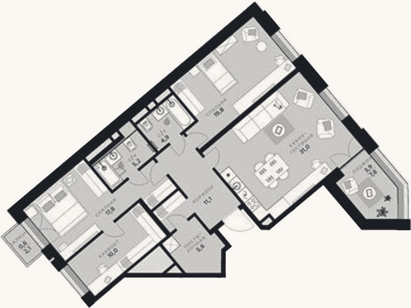 Планировка: 3-к, 105,4 м²