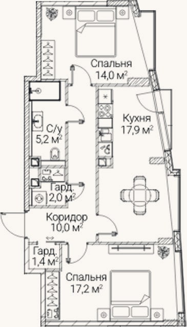Планировка: 2-к, 67,7 м²