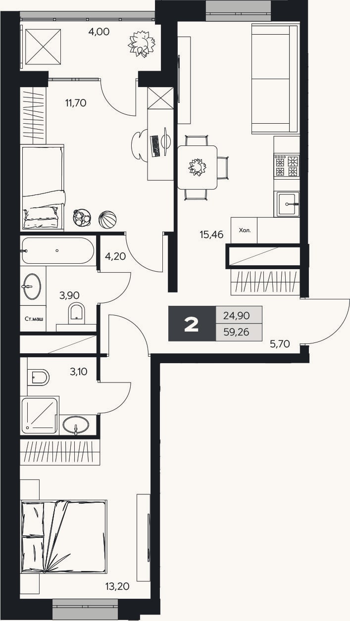 Планировка: 2-к, 57,3 м²