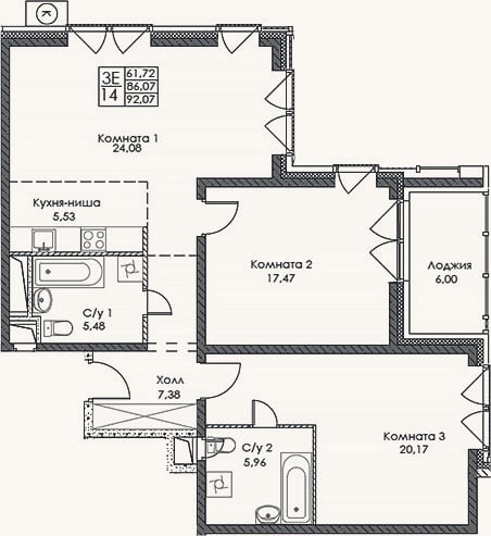 Планировка: 3-к, 86,1 м²
