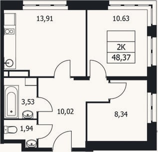 Планировка: 2-к, 48,4 м²