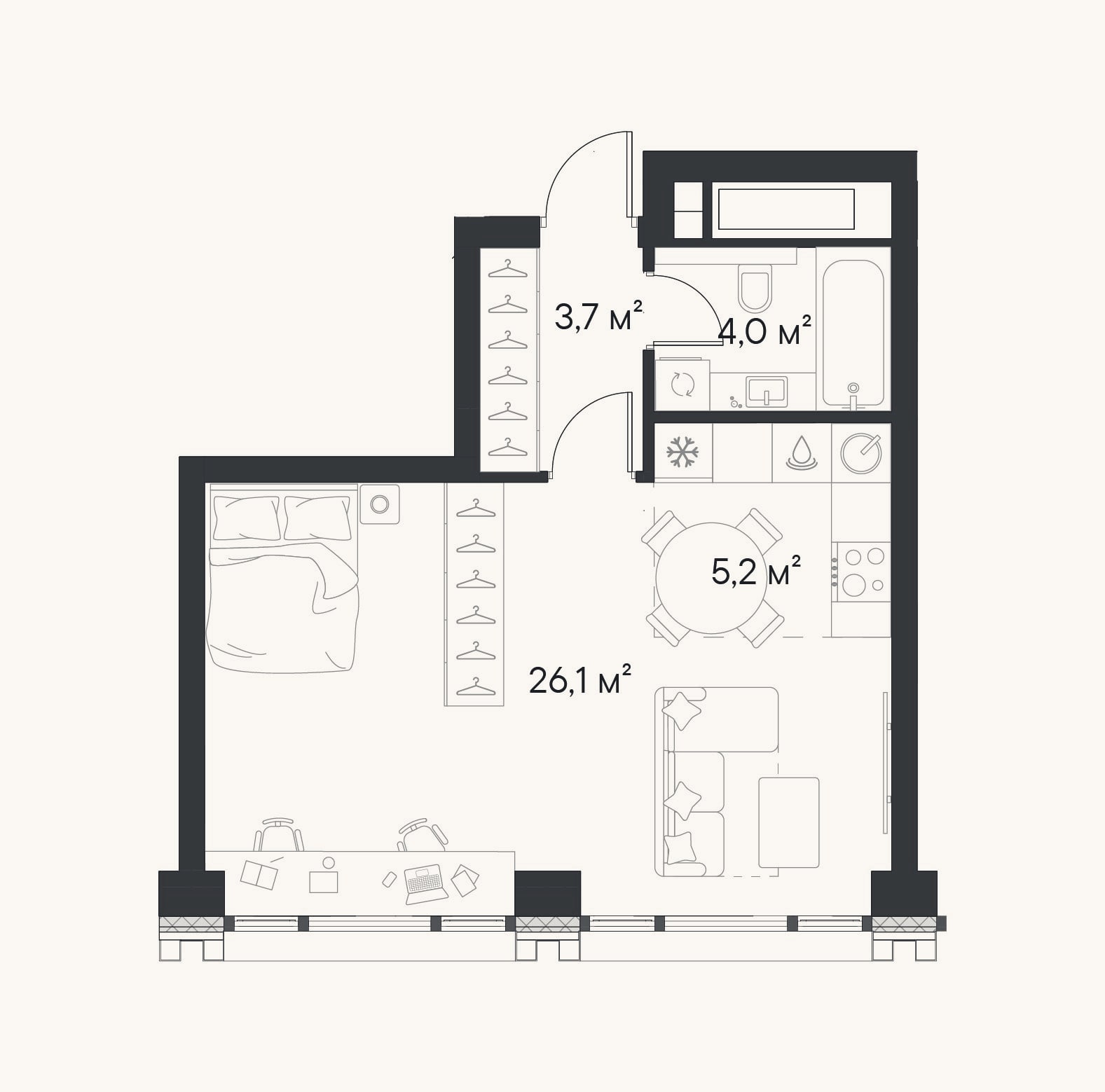 Планировка: Студия, 39 м²