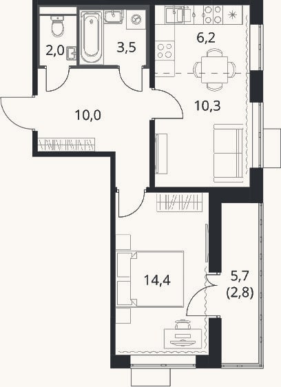 Планировка: 2-к, 46,4 м²