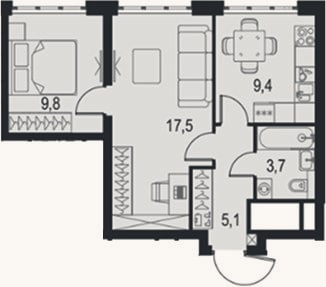 Планировка: 2-к, 45,5 м²