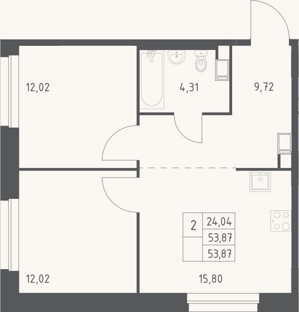 Планировка: 2-к, 53,9 м²