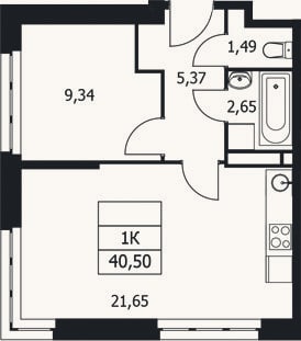 Планировка: 1-к, 40,5 м²
