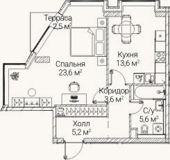 Планировка: 1-к, 49,6 м²