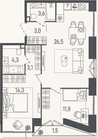 Планировка: 3-к, 66,6 м²