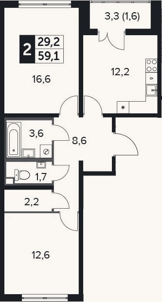 Планировка: 2-к, 58,8 м²