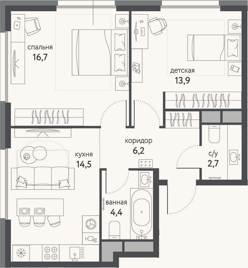 Планировка: 2-к, 58,4 м²