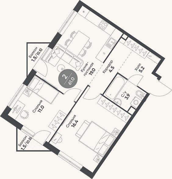Планировка: 3-к, 60 м²
