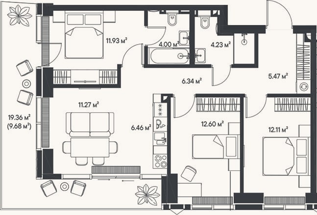 Планировка: 4+ к, 74,4 м²