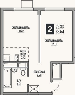 Планировка: 2-к, 33,5 м²
