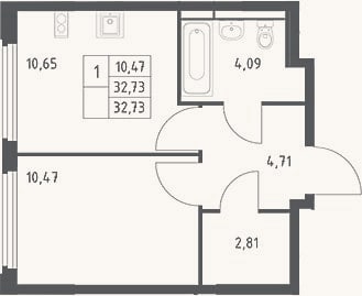 Планировка: 1-к, 32,7 м²