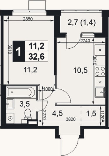 Планировка: 1-к, 31,2 м²