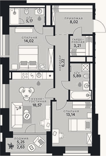 Планировка: 3-к, 74,2 м²