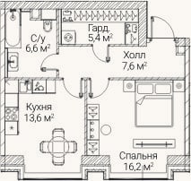 Планировка: 1-к, 49,3 м²