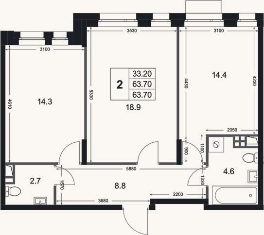 Планировка: 2-к, 63,7 м²