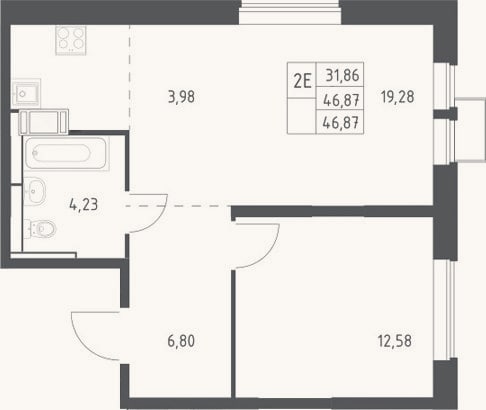 Планировка: 2-к, 46,9 м²