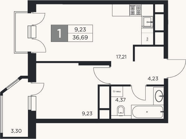 Планировка: 2-к, 35 м²