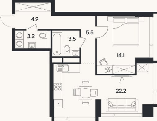 Планировка: 2-к, 53,4 м²