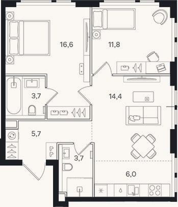 Планировка: 3-к, 61,9 м²