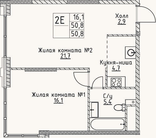 Планировка: 2-к, 50,8 м²