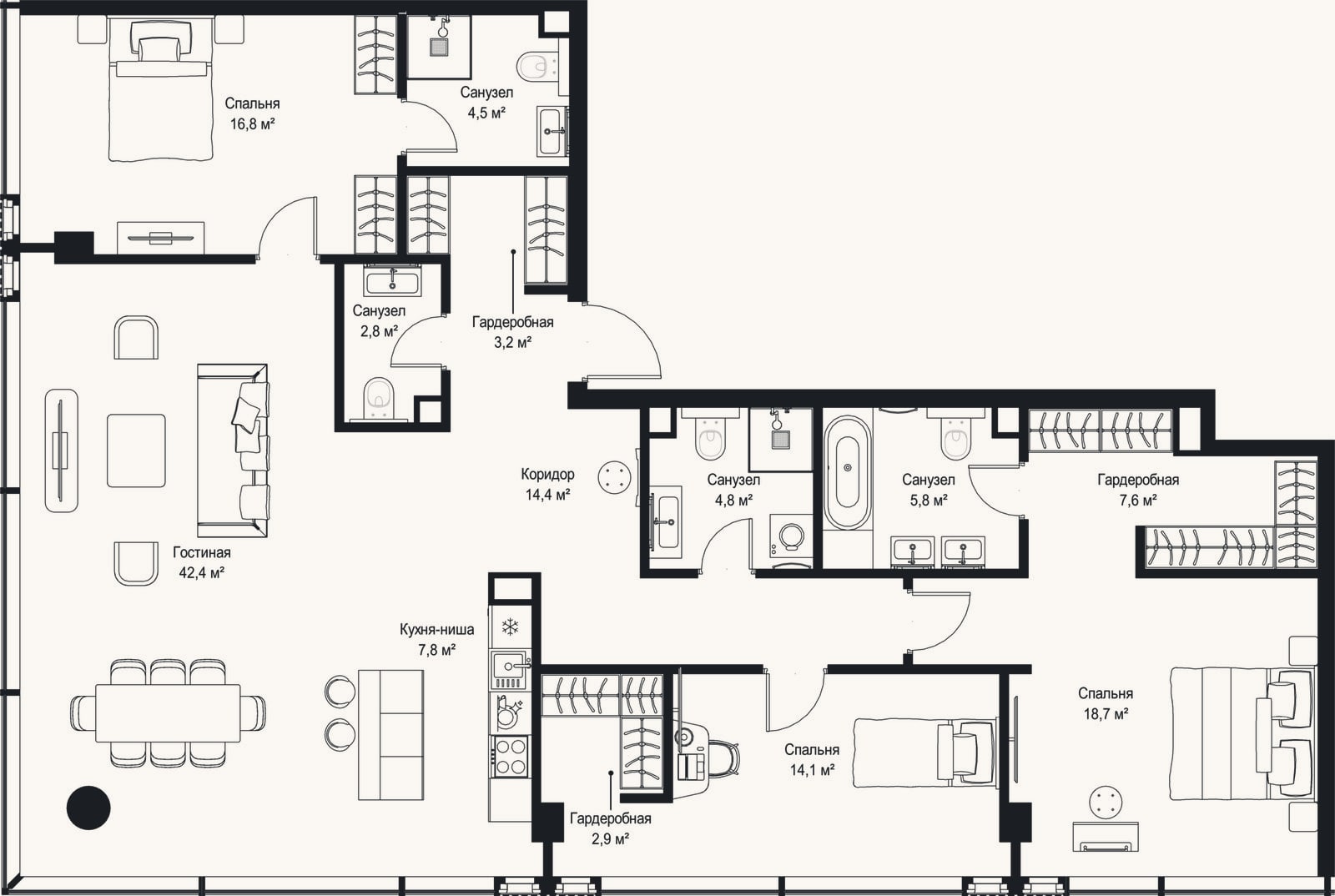 Планировка: 4+ к, 145,8 м²