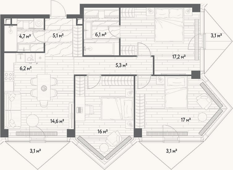 Планировка: 4+ к, 92,2 м²