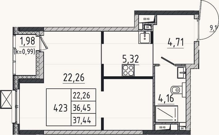 Планировка: Студия, 36,5 м²